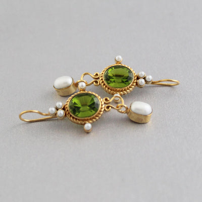 Green Quartz Intaglio Earrings, Art Deco Style, Gold