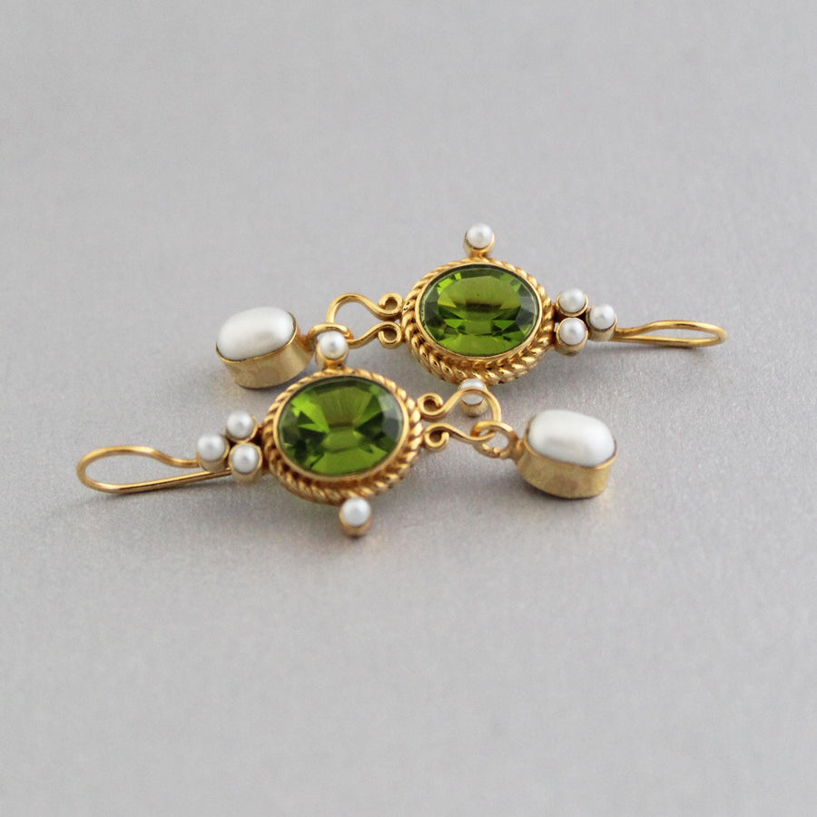 Green Quartz Intaglio Earrings, Art Deco Style, Gold