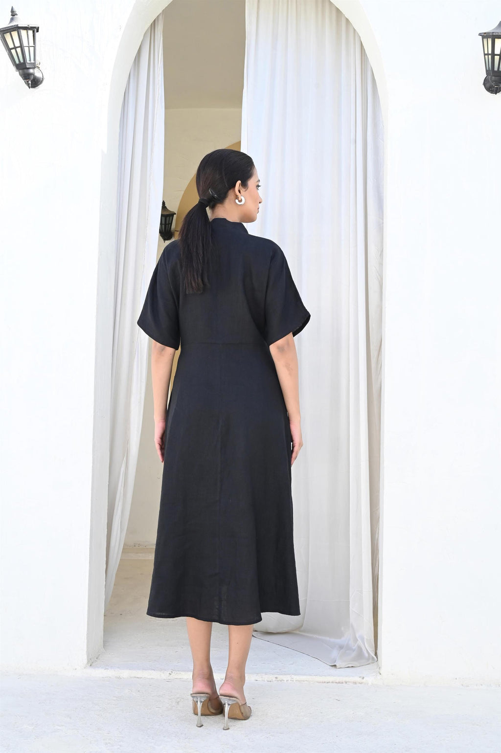 Black Linen Midi Dress, Linen Dress with V-Neckline, Linen Midi Dress with Pockets, Boat Neck Summer Dress, Plus Size Clothing