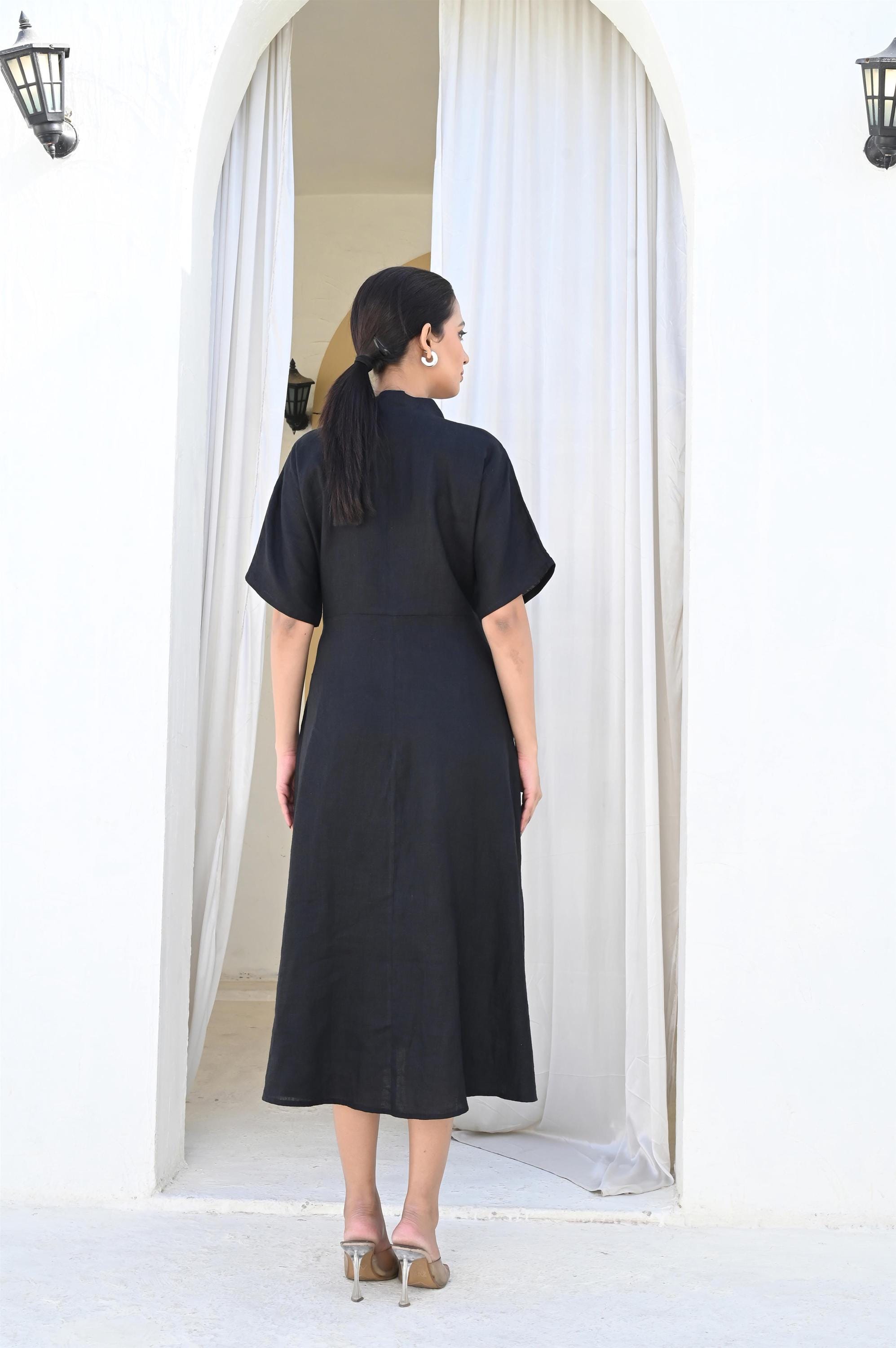 Black Linen Midi Dress, Linen Dress with V-Neckline, Linen Midi Dress with Pockets, Boat Neck Summer Dress, Plus Size Clothing