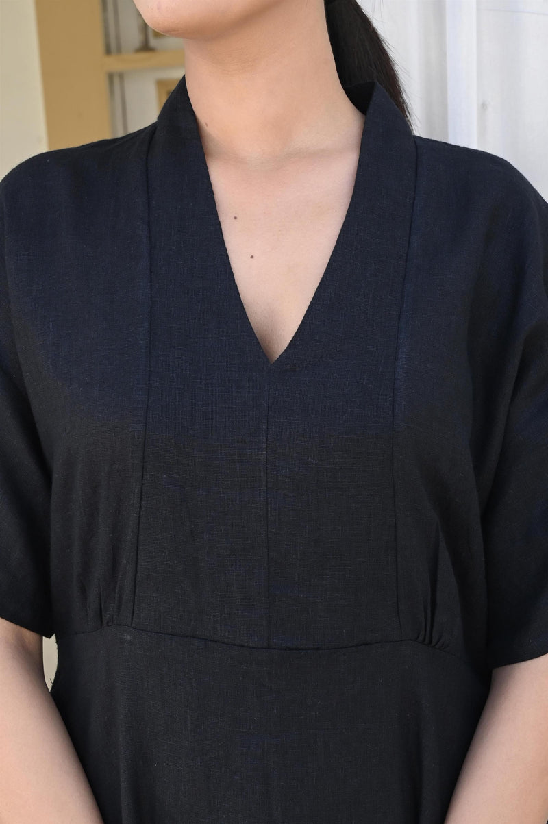Black Linen Midi Dress with V-Neck, photo 3