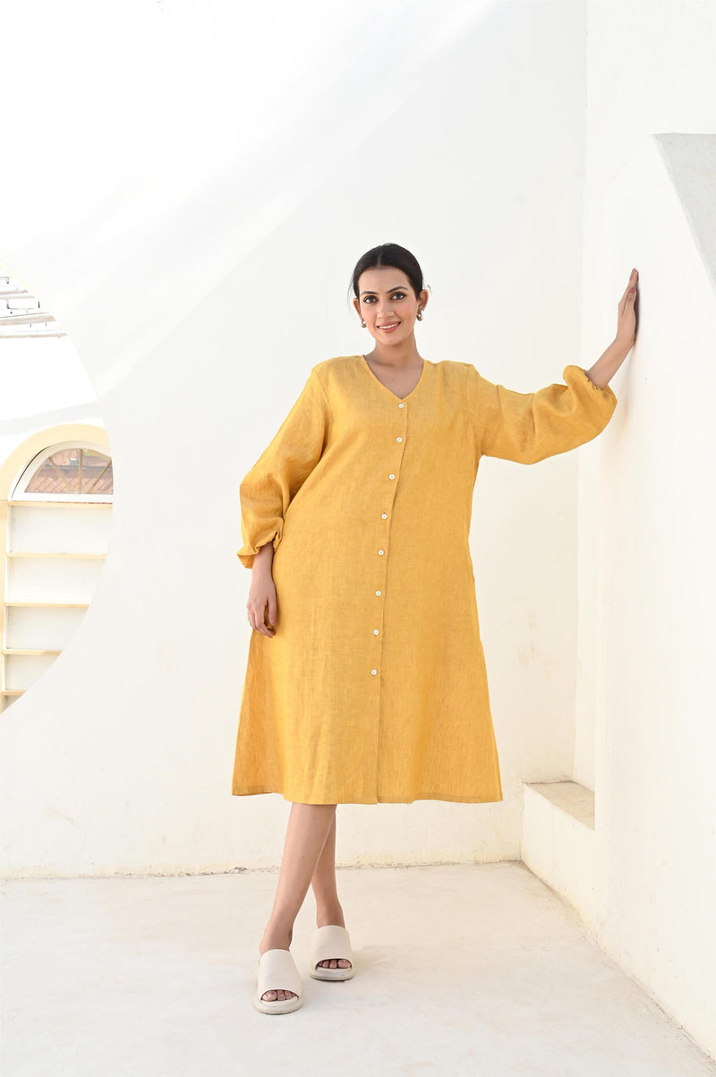 V Neck Button Front Linen Dress, Summer Dress, Linen Smock Dress, midi shirt dress, modest linen dress, summer swing button down dress