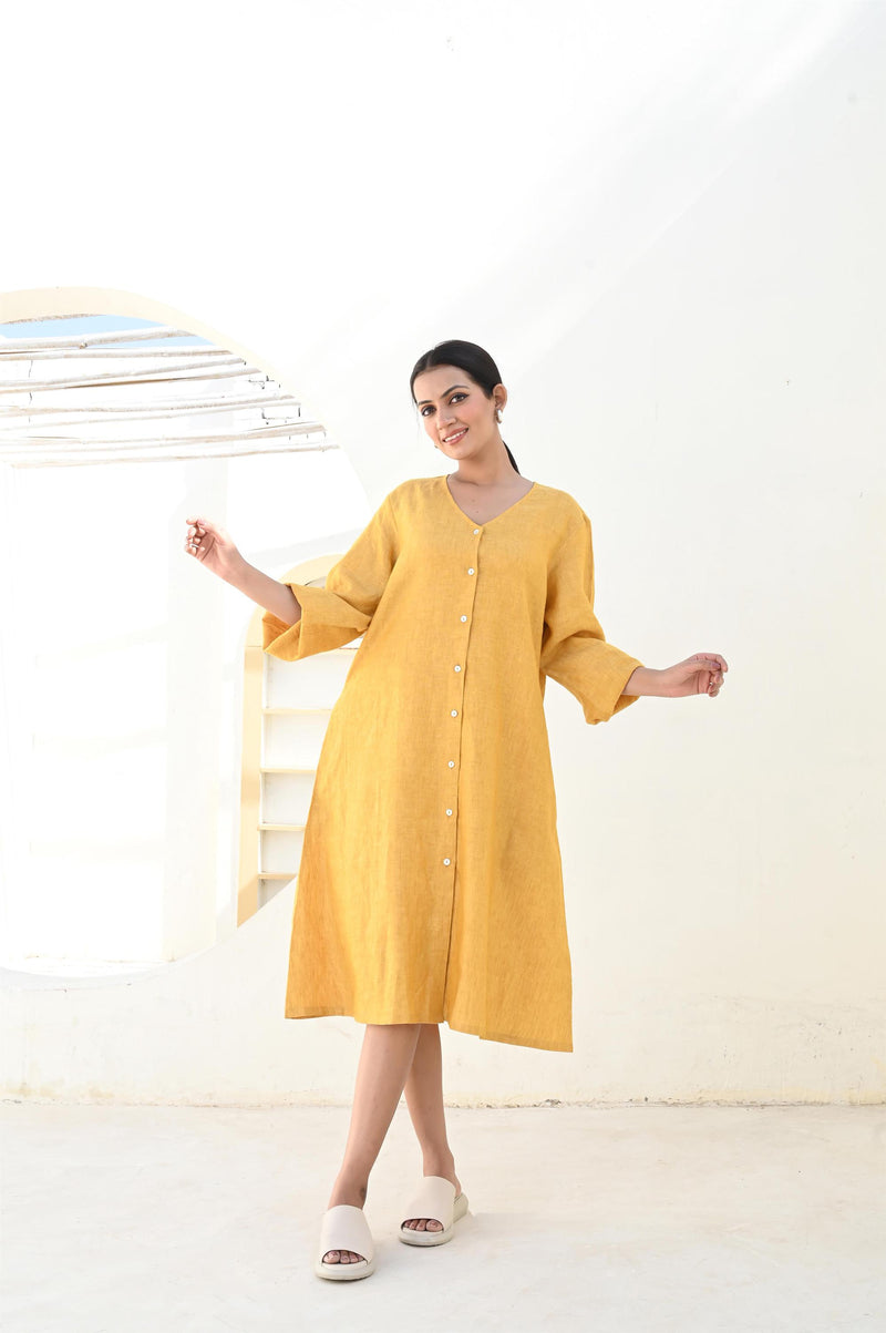 V Neck Button Front Linen Dress, Summer Dress, Linen Smock Dress, midi shirt dress, modest linen dress, summer swing button down dress