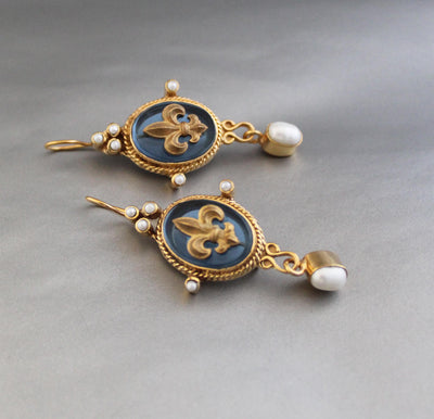 Blue Crystal Intaglio Earrings, Victorian Dangles, Gold Plated, photo 4