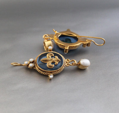 Blue Crystal Intaglio Earrings, Victorian Dangles, Gold Plated, photo 5