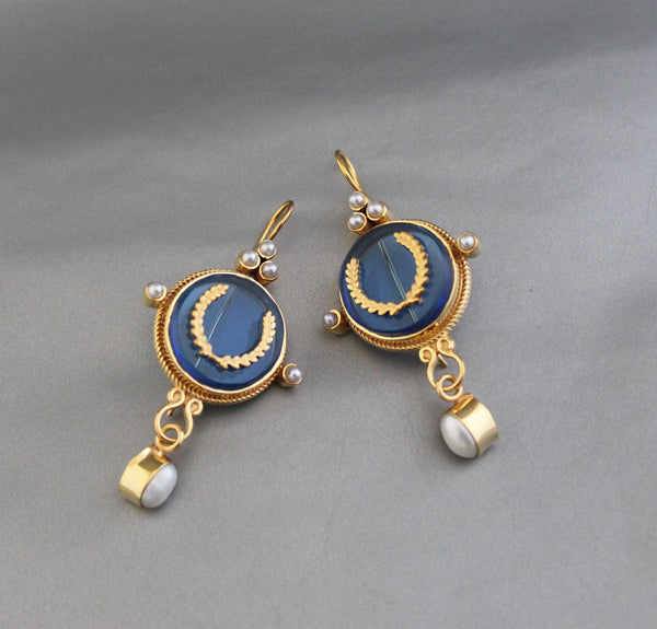 Blue Laurel Intaglio Earrings, Victorian Bridal Pearl Dangles, Gold Plated