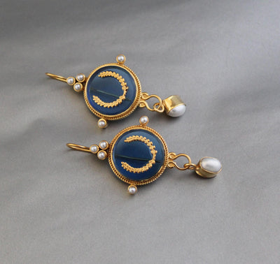 Blue Laurel Intaglio Earrings, Victorian Bridal Pearl Dangles, Gold Plated, photo 6
