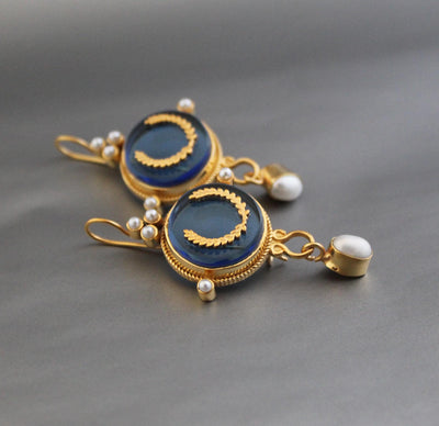 Blue Laurel Intaglio Earrings, Victorian Bridal Pearl Dangles, Gold Plated, photo 7