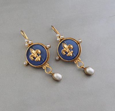 Fleur-de-lis Intaglio Glass Earrings, Handmade Bridal, Gold Plated