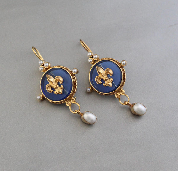 Fleur-de-lis Intaglio Glass Earrings, Handmade Bridal, Gold Plated