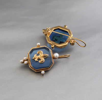Blue Fleur-de-lis Intaglio Earrings, Victorian Style, Gold Plated