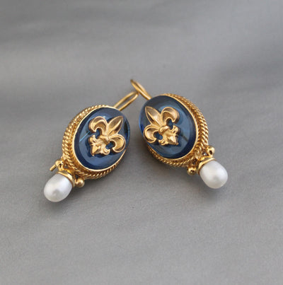 Blue Fleur-de-lis Intaglio Earrings, Victorian Style, 18K Gold Vermeil, photo 2