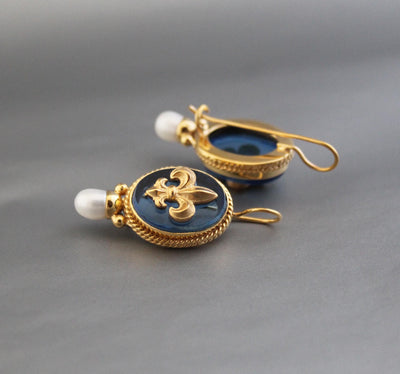 Blue Fleur-de-lis Intaglio Earrings, Victorian Style, 18K Gold Vermeil, photo 6