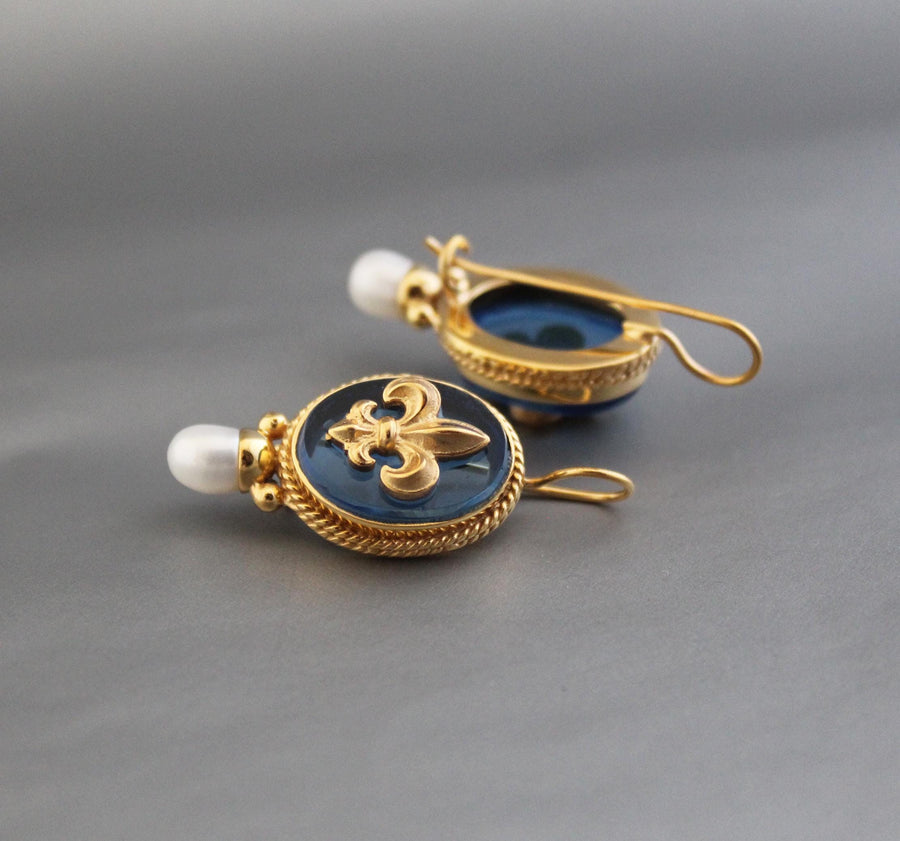 Blue Fleur-de-lis Intaglio Earrings, Victorian Style, 18K Gold Vermeil, photo 6