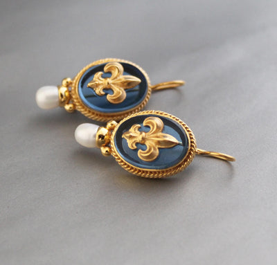 Blue Fleur-de-lis Intaglio Earrings, Victorian Style, 18K Gold Vermeil, photo 10