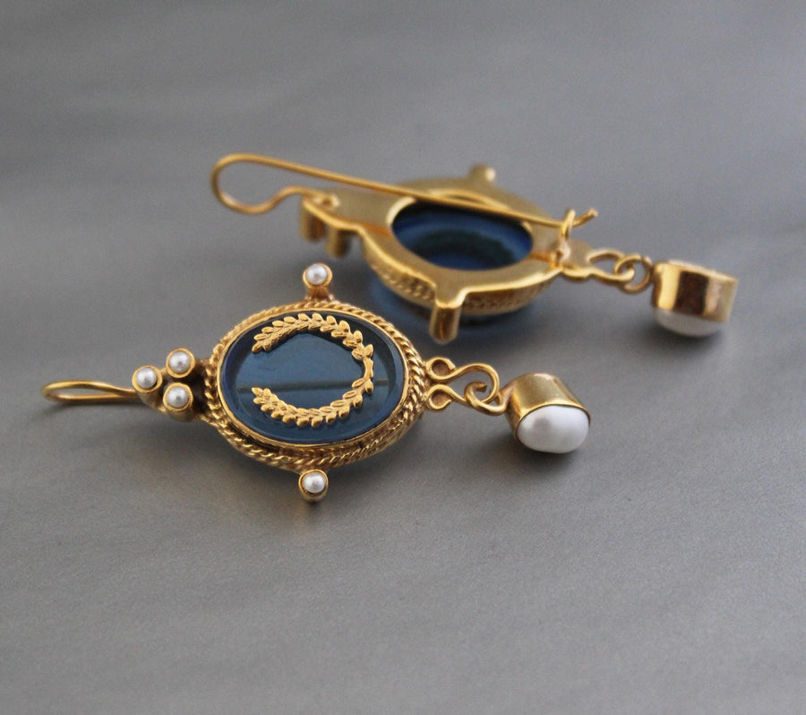 Blue Laurel Wreath Intaglio Earrings, Victorian Pearl Dangles, Gold Plated, photo 5