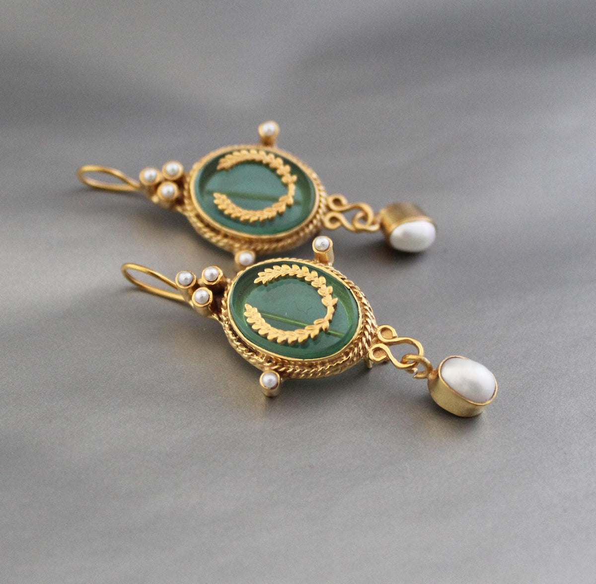 Green Glass Intaglio Drop Earrings, Victorian Style, Gold Vermeil, photo 2