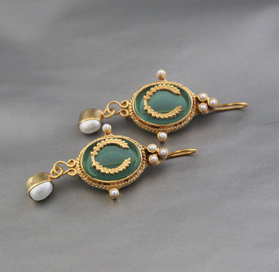 Green Glass Intaglio Drop Earrings, Victorian Style, Gold Vermeil, photo 5