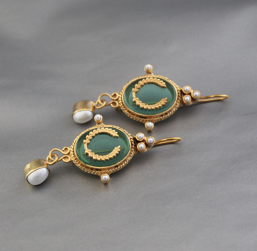 Green Glass Intaglio Drop Earrings, Victorian Style, Gold Vermeil, photo 5