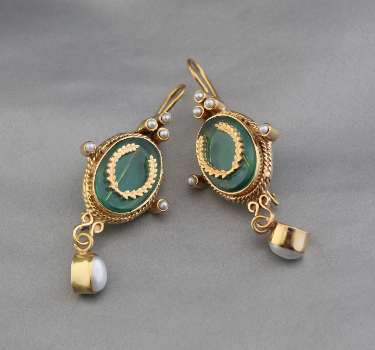 Green Glass Intaglio Drop Earrings, Victorian Style, Gold Vermeil, photo 4