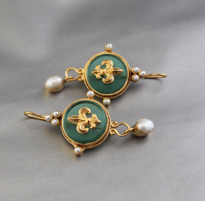 Green Fleur-de-lis Intaglio Earrings, Edwardian Style with Pearls, Antique Gold, photo 6