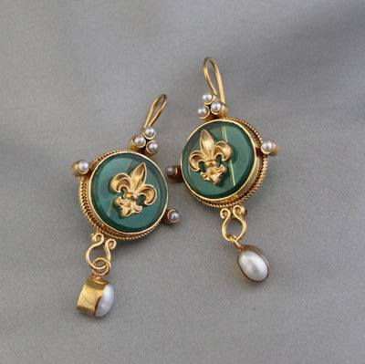 Green Fleur-de-lis Intaglio Earrings, Edwardian Style with Pearls, Antique Gold