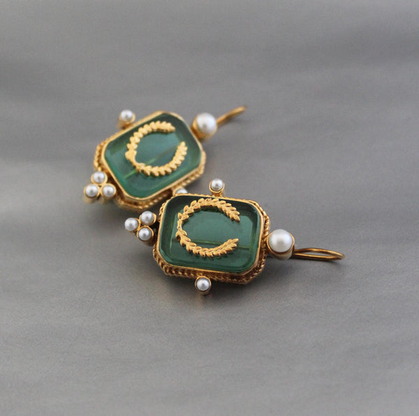 Green Laurel Intaglio Earrings, Victorian Style, 18K Gold Plated
