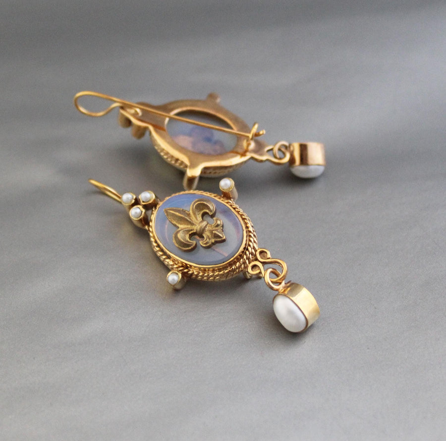 Opal Fleur-de-lis Intaglio Earrings, Victorian Gold and Pearl, photo 2
