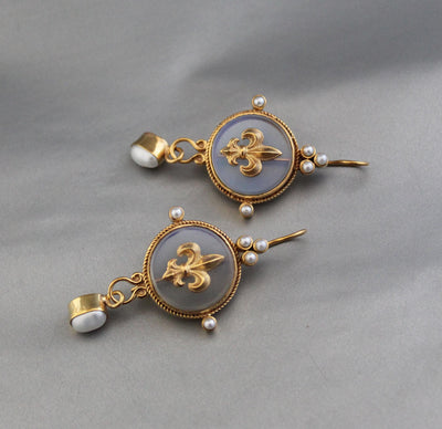 Fleur-de-lis Intaglio Earrings, Victorian Bridal Style, Gold Plated, photo 2