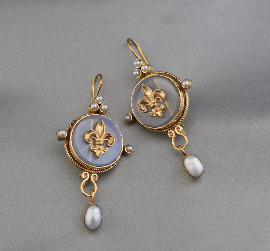Fleur-de-lis Intaglio Earrings, Victorian Bridal Style, Gold Plated