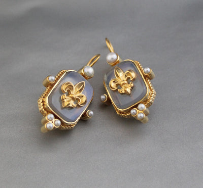 Opal Fleur-de-lis Intaglio Earrings, Victorian Revival, 14K Gold Plated