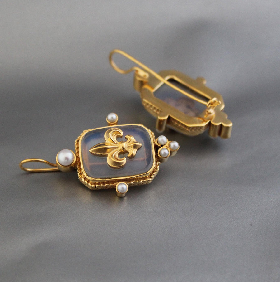 Opal Fleur-de-lis Intaglio Earrings, Victorian Revival, 14K Gold Plated, photo 8