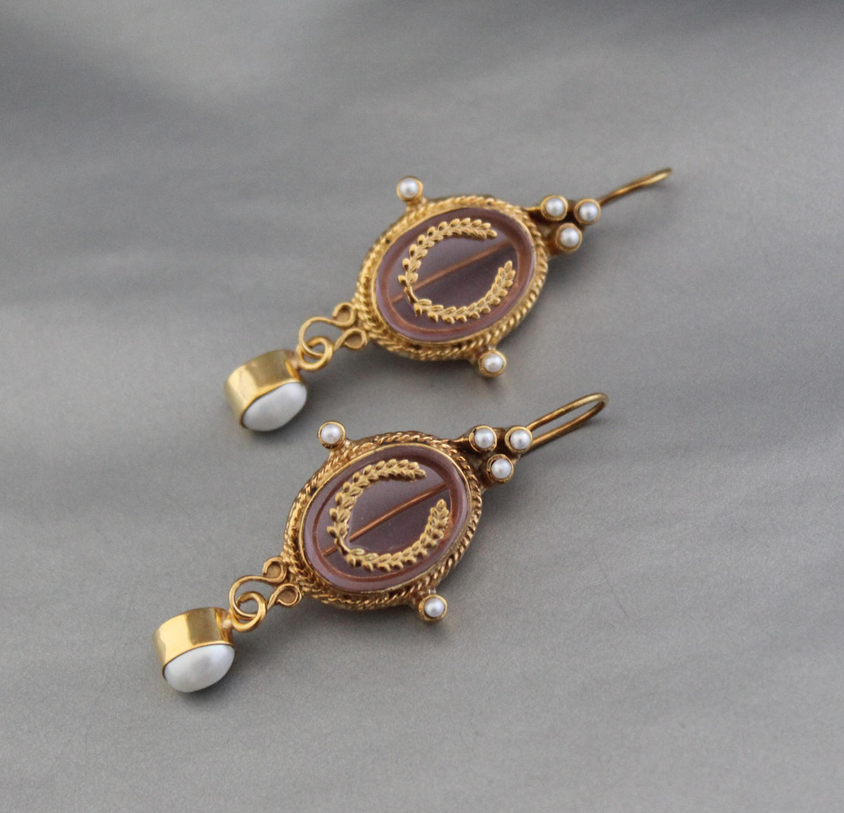 Pink Intaglio Earrings, Bridal Pearl Drops, Gold Plated, photo 2