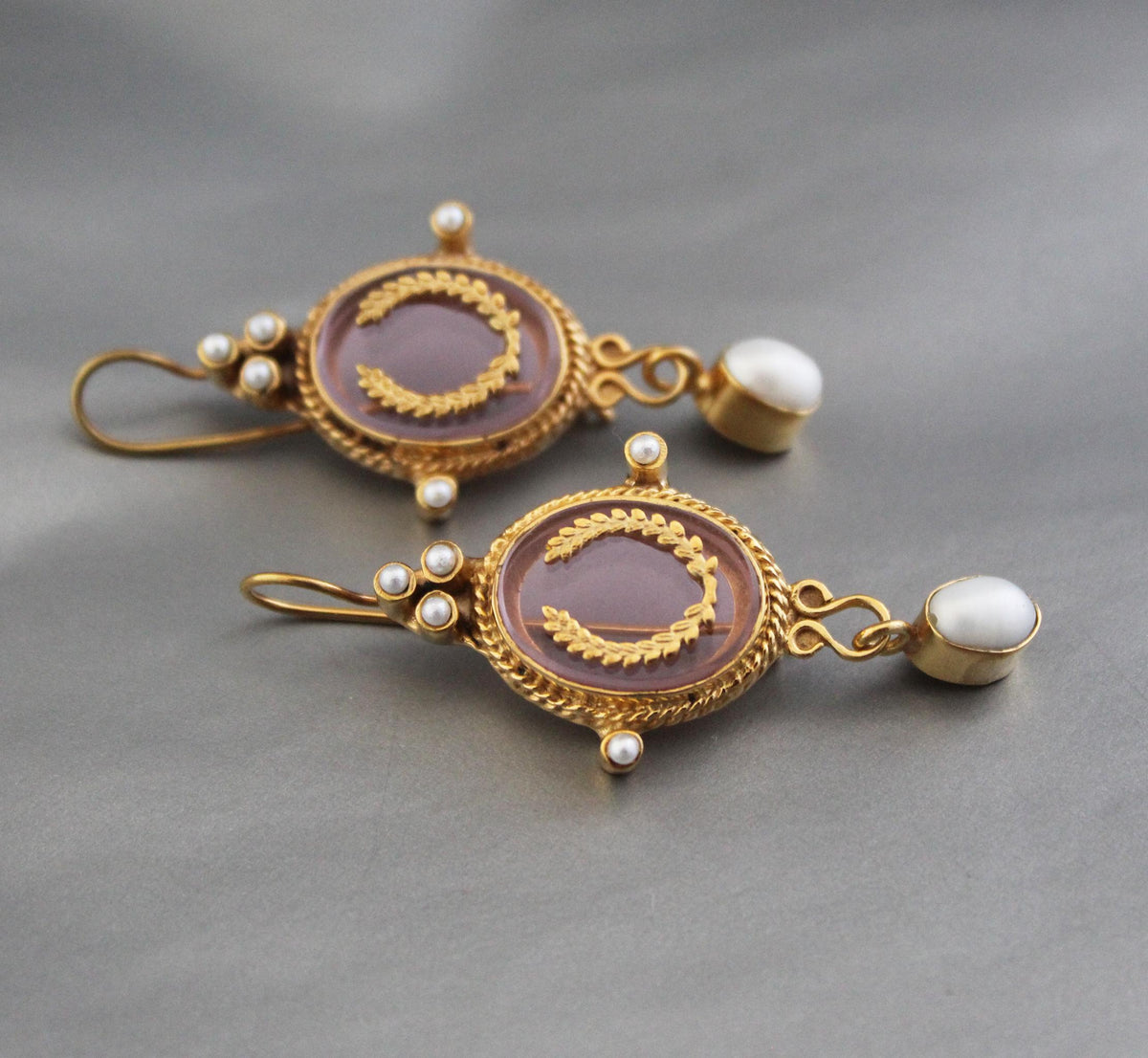 Pink Intaglio Earrings, Bridal Pearl Drops, Gold Plated, photo 6