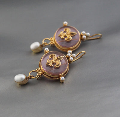 Intaglio Glass Cameo Earrings, Victorian Roman Style, Gold Vermeil with Pearls, photo 2