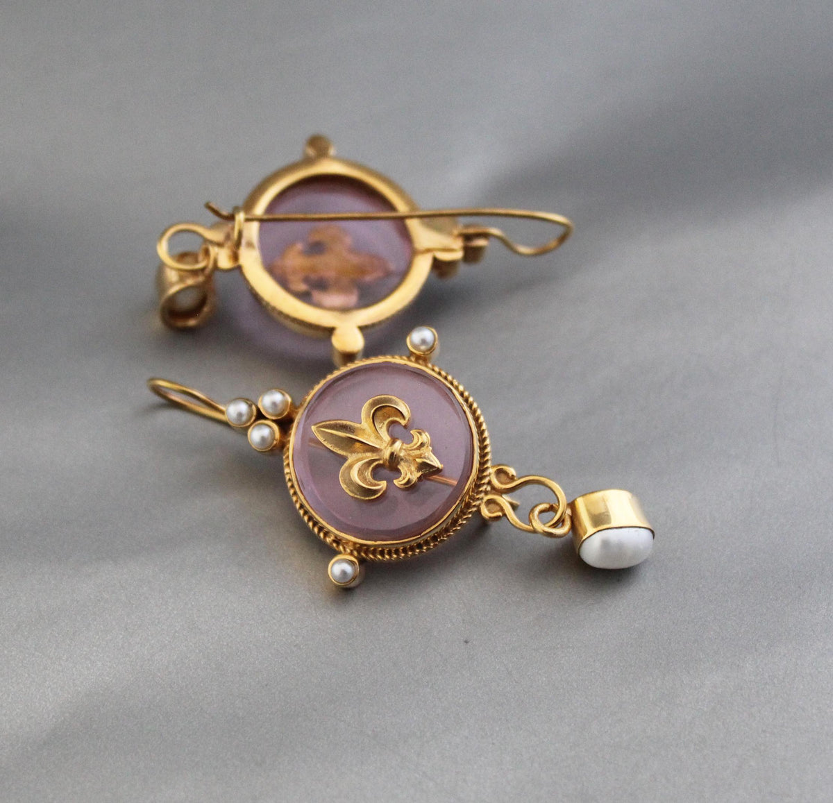 Intaglio Glass Cameo Earrings, Victorian Roman Style, Gold Vermeil with Pearls, photo 4