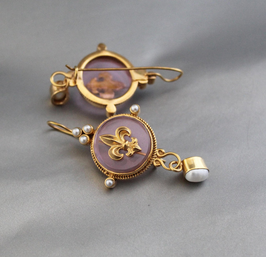 Intaglio Glass Cameo Earrings, Victorian Roman Style, Gold Vermeil with Pearls, photo 4