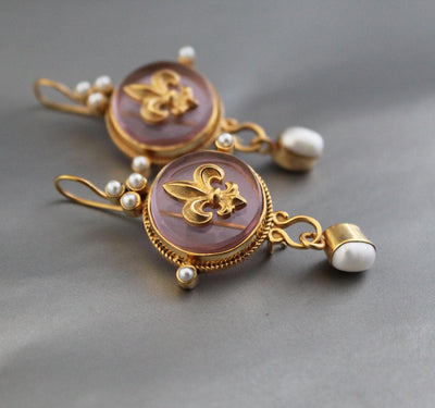 Intaglio Glass Cameo Earrings, Victorian Roman Style, Gold Vermeil with Pearls, photo 6
