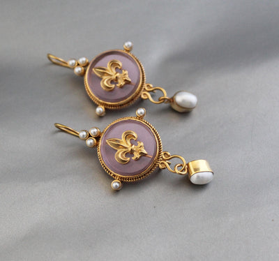 Intaglio Glass Cameo Earrings, Victorian Roman Style, Gold Vermeil with Pearls, photo 5
