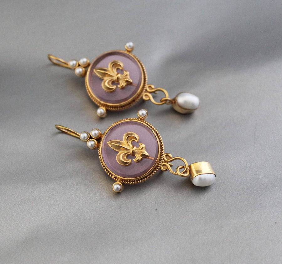 Intaglio Glass Cameo Earrings, Victorian Roman Style, Gold Vermeil with Pearls, photo 5