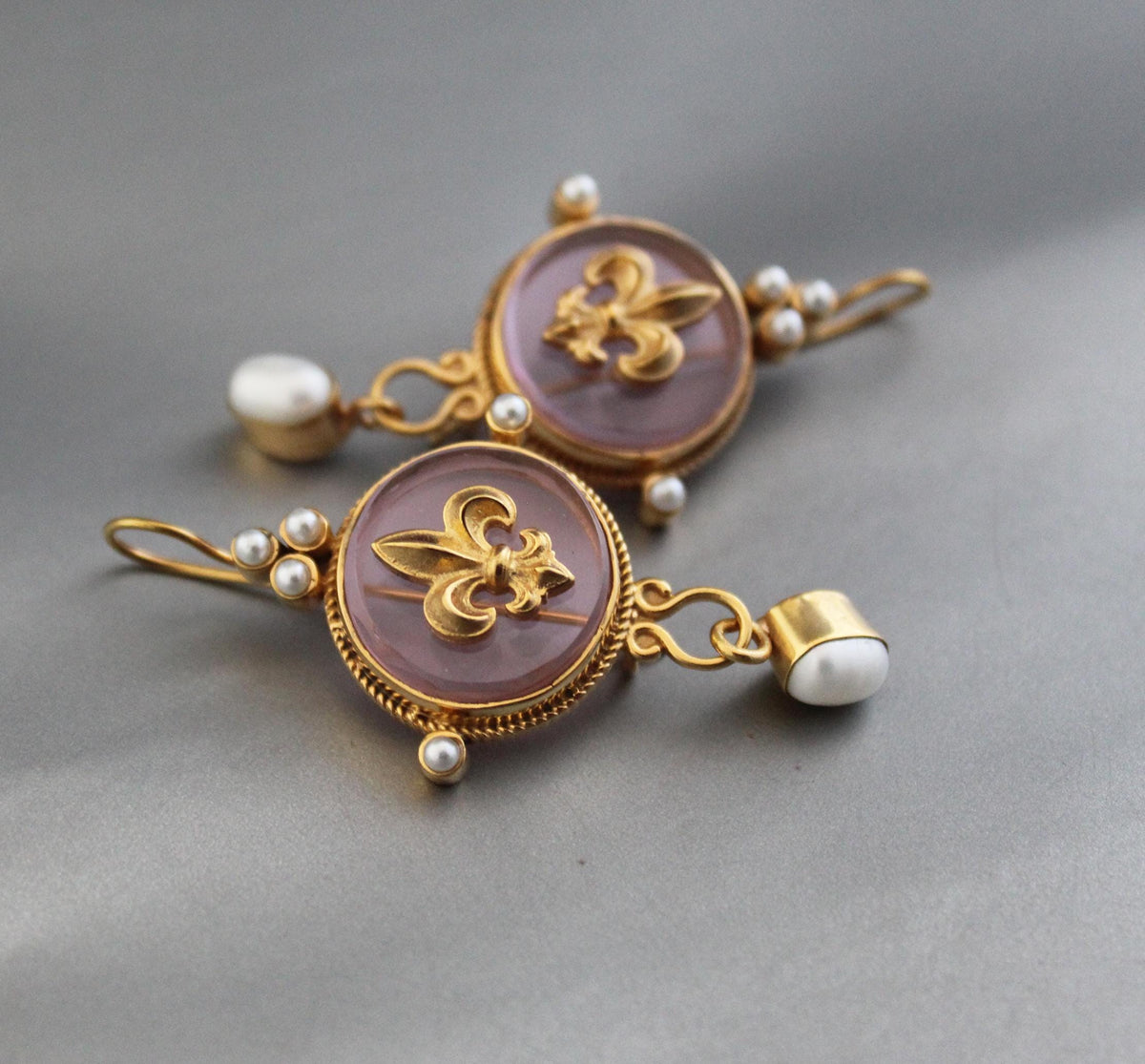Intaglio Glass Cameo Earrings, Victorian Roman Style, Gold Vermeil with Pearls, photo 7