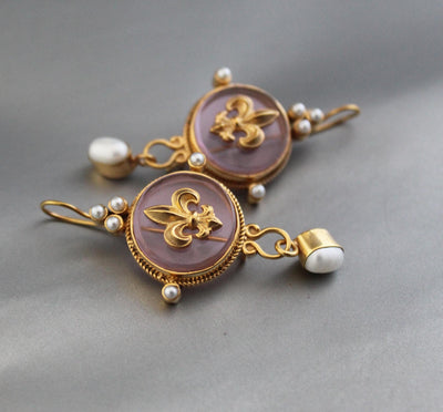 Intaglio Glass Cameo Earrings, Victorian Roman Style, Gold Vermeil with Pearls, photo 7