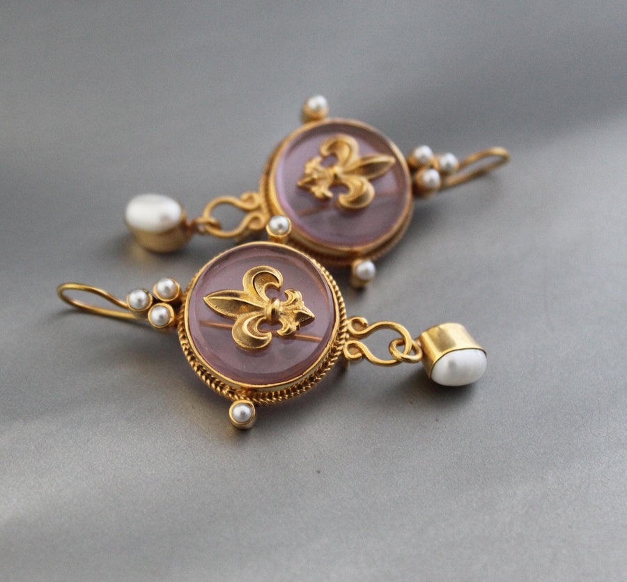 Intaglio Glass Cameo Earrings, Victorian Roman Style, Gold Vermeil with Pearls, photo 7