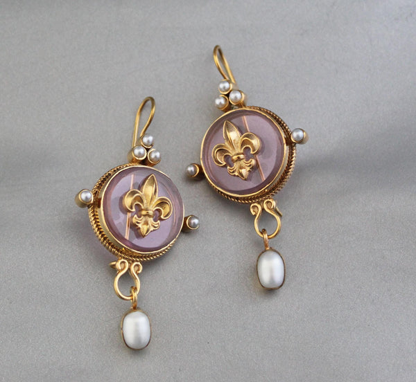 Intaglio Glass Cameo Earrings, Victorian Roman Style, Gold Vermeil with Pearls