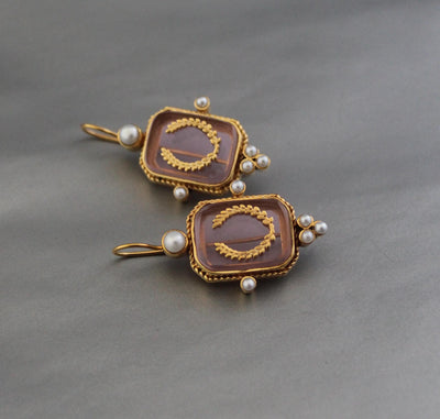 Laurel Wreath Intaglio Earrings, Victorian Pearls, Gold Plated