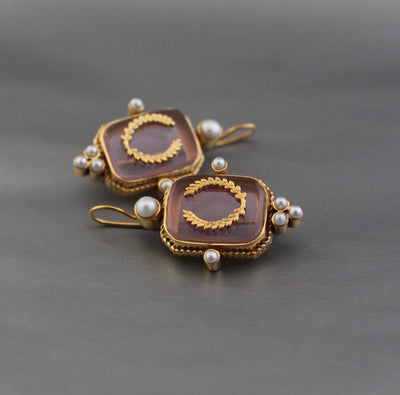 Laurel Wreath Intaglio Earrings, Victorian Pearls, Gold Plated, photo 7