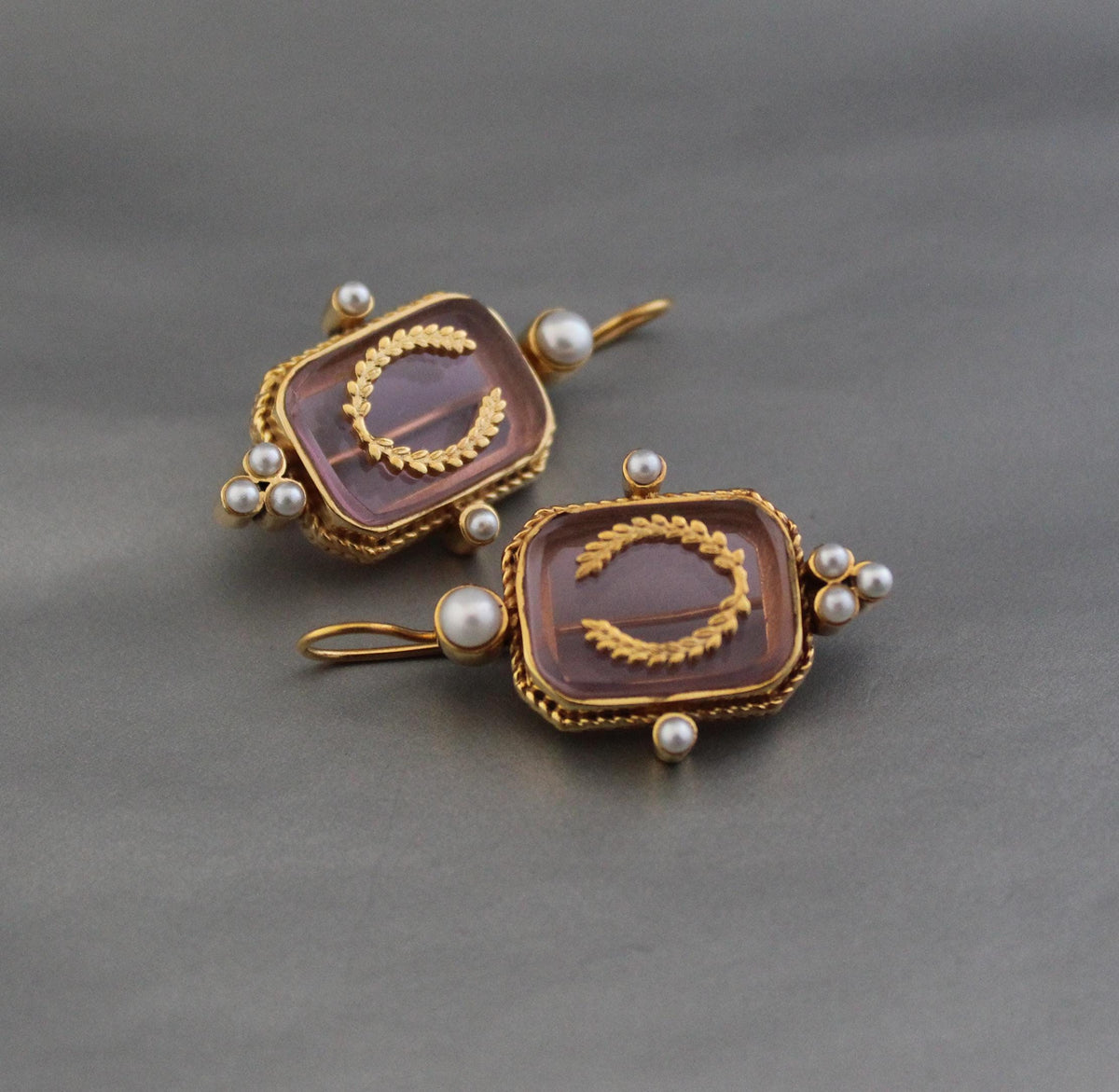 Laurel Wreath Intaglio Earrings, Victorian Pearls, Gold Plated, photo 4