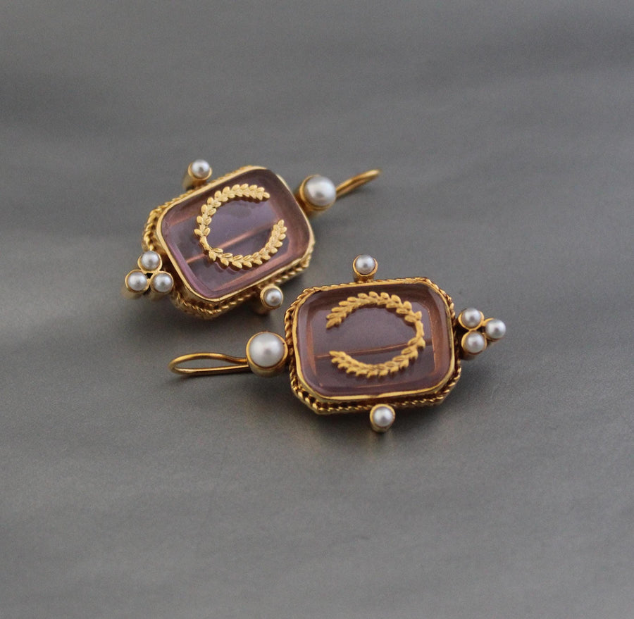 Laurel Wreath Intaglio Earrings, Victorian Pearls, Gold Plated, photo 4