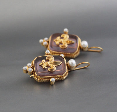 Pink Fleur-de-lis Intaglio Earrings, Regency Victorian Style, Gold Vermeil, photo 5