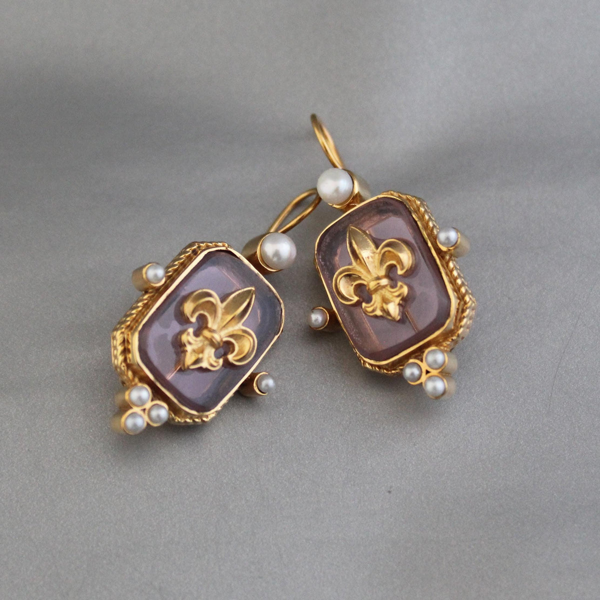Pink Fleur-de-lis Intaglio Earrings, Regency Victorian Style, Gold Vermeil, photo 8